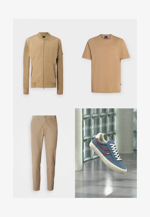 Beige jas met gebreide mouwen en geribbelde kraag, rits aan de voorkant, zijzakken en een klein zwart logopatch op de linkermouw.; Beige T-shirt met korte mouwen en een ronde hals, met een klein geborduurd logo op de linkerborst en een merklabel aan de binnenkant van de kraag.; Beige broek van gladde stof met een rechte snit, voorzien van een knoopsluiting en voorzakken, en inclusief riemlussen.; Blauwe en witte sneaker met rode streep en "BOSS"-logo, zwevend binnen tegen een glazen blokmuur en betonnen vloer.