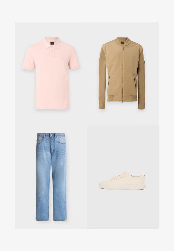 Veste camel avec manches en tricot et col côtelé, fermeture éclair à l'avant, poches latérales, et un petit écusson noir avec logo sur la manche gauche.; Polo à manches courtes rose clair avec deux boutons et un petit logo en relief sur le côté gauche de la poitrine.; Jean droit en denim bleu clair avec fermeture par bouton et zip, poches avant et arrière, et passants de ceinture à la taille.; Baskets en toile beige avec bout arrondi, semelle en caoutchouc plate et lacets à l'avant. Présente un design minimaliste et un accent noir contrastant au niveau du talon.