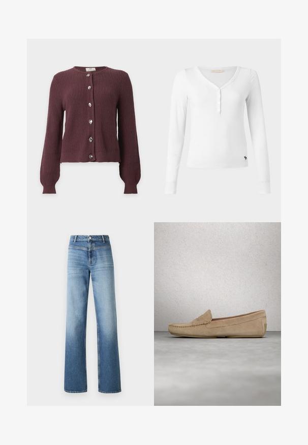 Cardigan en maille violet foncé à manches longues avec six boutons argentés irréguliers sur le devant, sur un fond clair uni.; Chemise henley blanche à manches longues avec col en V, quatre boutons sur le devant et petit logo noir d'élan près de l’ourlet inférieur, présentée sur fond uni.; Jean en denim bleu clair avec taille haute, coupe droite, délavage et style classique à cinq poches. Fini avec une fermeture à bouton.; Mocassins en suède beige avec un détail de couture à l'orteil et une surface lisse. Talon plat et forme arrondie. Design minimaliste sans embellissements.