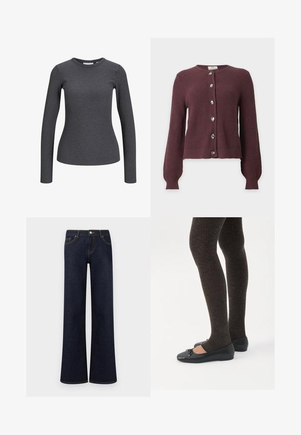 Mørkelilla strikket cardigan med lange ærmer og seks ujævne sølvknapper foran på en ensfarvet lys baggrund.; Langærmet, ribbet top i mørkegrå. Har en rund halsudskæring og tætsiddende silhuet. Fremstillet af et strækbart stof for komfort.; Mørkeblå vidde denimjeans med forlommer, knap- og lynlåslukning samt synlige kontrastsyninger.; Ben iført mørke ribbede leggings kombineret med sorte balletsko med små sløjfedetaljer på hvid baggrund.