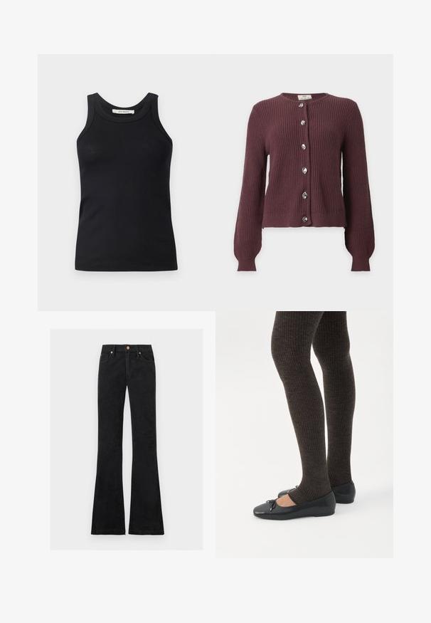Donkerpaarse gebreide cardigan met lange mouwen en zes onregelmatige zilveren knopen aan de voorkant op een effen lichte achtergrond.; Zwarte geribbelde tanktop met een ronde halslijn en brede bandjes, gemaakt van zachte stof. Geen zichtbare patronen of hardware-details.; Zwarte jeans met een hoge taille en wijde pijpen, vooraan knoop- en ritssluiting en een ontwerp met vijf zakken.; Benen met donkere geribbelde leggings gecombineerd met zwarte ballerina's met kleine strikdetails op een witte achtergrond.