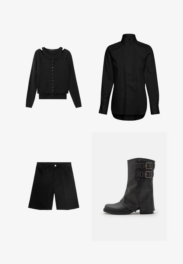 Sort langærmet lagdelt cardigan med knapper foran og detaljer ved halsudskæringen fra en ærmeløs indertanktop.; Sort langærmet skjorte med høj krave, knappet stolpe og lige kant. Lavet af glat stof uden mønstre eller detaljer.; Sorte denim shorts med lige snit, fem lommer og sølvfarvet knaplukning. Glat tekstur med minimal syning.; Even&Odd Cowboy- / bikerstøvler - black