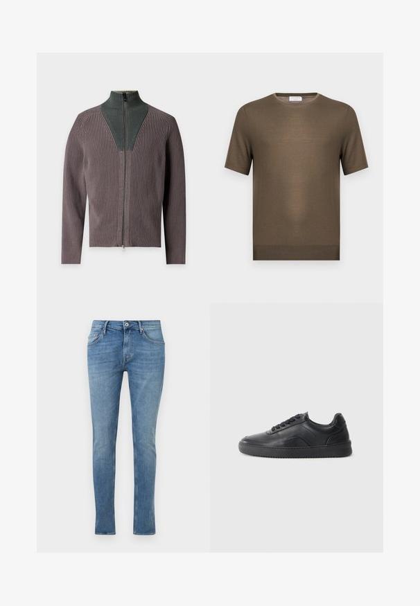 Pull tricoté zippé à manches longues avec col montant en gris foncé et violet sourd.; Pull en maille vert olive à manches courtes avec encolure ronde et ourlet côtelé, présenté sur fond blanc uni.; Jean en denim bleu coupe slim avec bouton à l'avant, fermeture éclair et design à cinq poches sur fond blanc uni.; Chaussure de sport en cuir noir avec une finition lisse, bout arrondi, panneau latéral texturé et lacets noirs. Présente une semelle en caoutchouc plate et un design minimaliste.