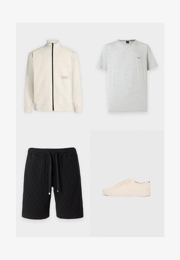 Sweat-shirt beige clair zippé avec col montant et manches longues, comportant un petit patch rectangulaire sur la poitrine gauche et une fermeture éclair noire.; T-shirt gris clair à manches courtes et col rond avec petit logo bleu "BOSS" sur la poitrine gauche, présenté sur fond blanc uni.; Shorts en maille noire avec motif texturé, taille élastique et cordon avec embouts métalliques.; Baskets en toile beige avec bout arrondi, semelle en caoutchouc plate et lacets à l'avant. Présente un design minimaliste et un accent noir contrastant au niveau du talon.