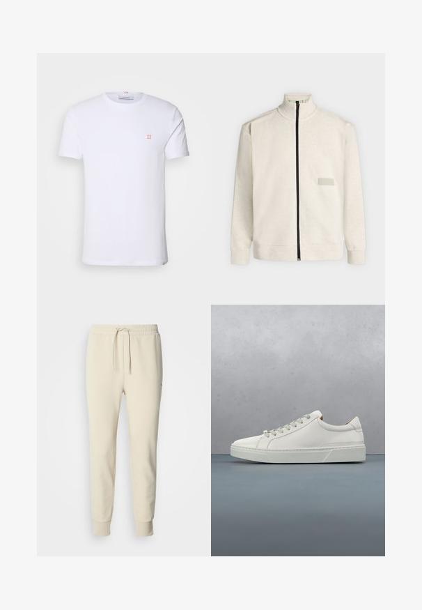 Lichtbeige zip-up trui met hoge kraag en lange mouwen, met een klein rechthoekig patch op de linkerborst en een zwarte rits.; Witte katoenen t-shirt met korte mouwen, met een klein oranje "II" logo op de linkerborst en een ronde halslijn. Eenvoudig ontwerp en textuur.; Crèmekleurige joggingbroek met een tailleband met trekkoord, taps toelopende pijpen en geribbelde boorden. Gemaakt van zacht, gestructureerd materiaal. Geen patronen of accenten.; Witte leren sneaker met een ronde neus, minimalistisch ontwerp, grijze veters en een gestructureerde grijze rubberen zool. Fijne stikdetails zichtbaar.