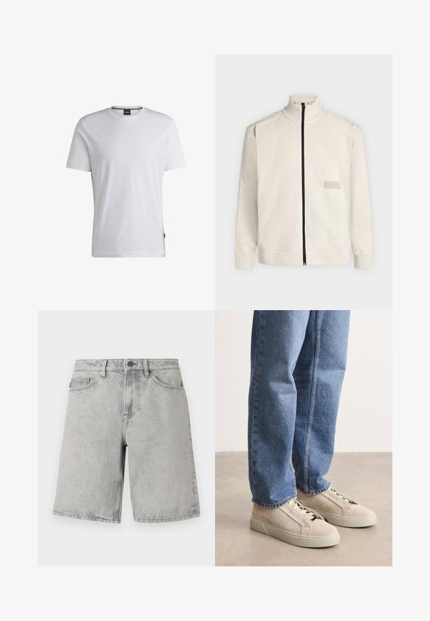 Lyse beige sweatshirt med lynlås, høj krave og lange ærmer, med et lille rektangulært mærke på venstre bryst og en sort lynlås.; Hvid T-shirt med korte ærmer lavet af bomuld. Har en rund hals og et diskret mærke på siden. Glat tekstur og enkelt design.; Lysegrå denimshorts med knap- og lynlåslukning, bæltestropper og forlommer, vist mod en hvid baggrund.; BOSS GARYTENN_SDHDEL - Sneakers - natural ten