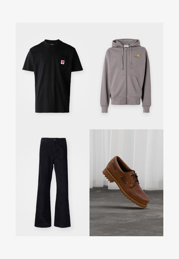 Sudadera gris con cremallera, hecha de tejido suave, con capucha ajustable, dos bolsillos frontales y un pequeño logo en el pecho izquierdo.; Camiseta de algodón negra con escote redondo, mangas cortas y bolsillo en el pecho izquierdo que presenta un parche en forma de corazón rojo con texto blanco.; Pantalones de algodón negros acampanados con una cinturilla tradicional, un solo botón frontal y bolsillos a los lados y en la parte posterior. Textura suave.; Zapato náutico de cuero marrón con cordones negros, costuras beige y una suela resistente, suspendido sobre un suelo de hormigón gris.
