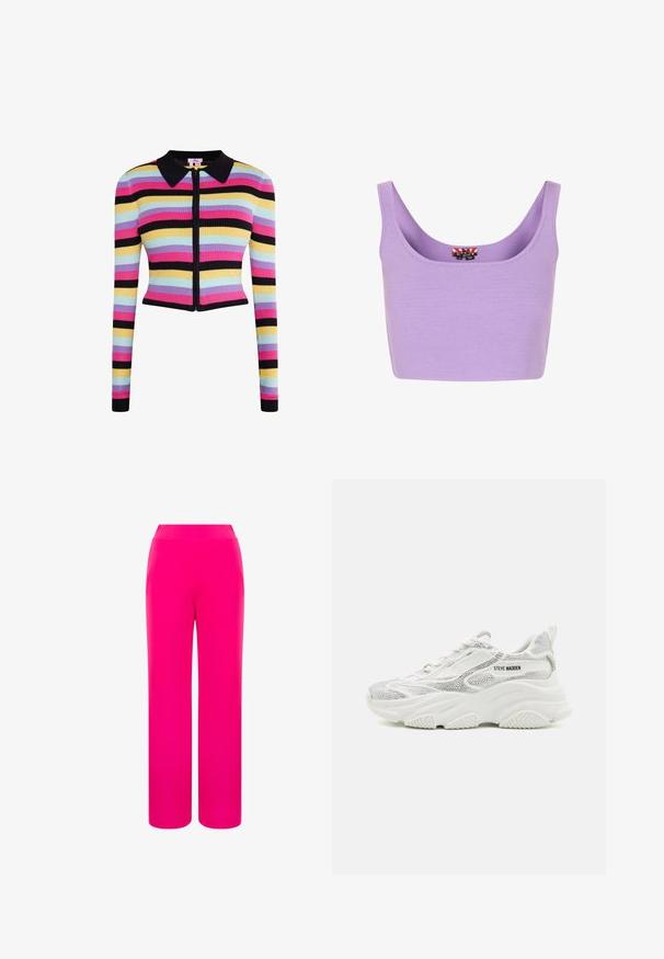 Ribbede cropped cardigan med lange ærmer, der har vandrette striber i pink, gul, sort og blå. Lynlåslukning og sort krave.; Lavendel crop top lavet af blødt strikstof, med en rund halsudskæring og brede stropper. Designet er enkelt uden yderligere mønstre eller detaljer.; Lyserøde bredde benbukser med en glat tekstur og et høj talje-design. Fremstillet af letvægtsstof for komfort og bevægelsesfrihed.; Hvide atletiksneakers med en tekstureret sølvfarvet mesh-overdel og chunky hvid sål. Har branding på siden og en trækflap bagpå.