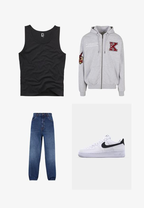 Grauer Reißverschluss-Hoodie aus weichem Material. Mit stickten Buchstaben "K" und "ANI" sowie grafischen Akzenten am linken Ärmel und bedrucktem Text.; Schwarzes Tanktop aus glattem Stoff, mit einem runden Ausschnitt und Armöffnungen, in einem schlichten Design ohne sichtbare Muster oder Akzente.; Denim-Jeans in Dunkelblau. Hoch tailliertes Design mit lockerer Passform. Verfügt über Fronttaschen und einen dezenten Ausbleichungseffekt an den Beinen.; Weißes Leder-Sneaker mit einem strukturierten schwarzen Swoosh, flachen Schnürsenkeln und einer Gummisohle mit genoppetem Muster. "AIR" ist auf der Ferse eingeprägt.