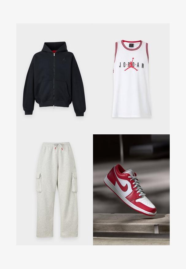 Zwarte zip-up hoodie met voorzakken, geribde manchetten en zoom, met een klein subtiel logo op de linkerborst en een capuchon met rode binnenvoering.; Witte mouwloze basketbalshirt met rode bies, met zwarte "JORDAN" tekst en rood Jumpman-logo in het midden.; Lichtgrijze joggingbroek met elastische tailleband, trekkoord met rode uiteinden en grote klepzakken op beide dijen.; Rood-witte Nike sneakers zweven boven een stenen bank in een zacht verlichte binnenruimte.