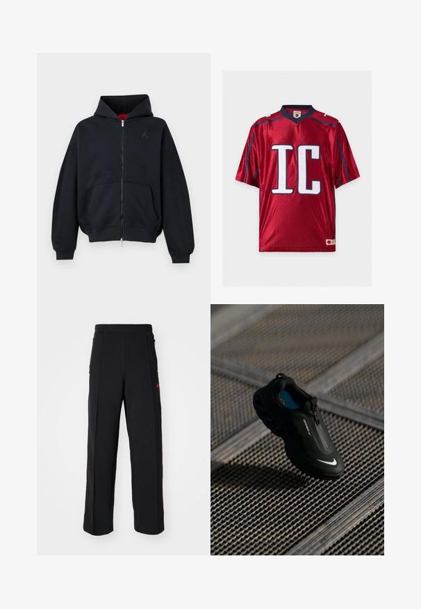 Sort lynlåshættetrøje med forlommer, ribkant ved ærmer og kant, med et lille diskret logo på venstre bryst og en hætte med rød indvendig foer.; Rød skinnende sportstrøje med korte ærmer med store hvide "IC" bogstaver med sort omrids på fronten og mørkeblå kantdetaljer.; Svarte sweatpants med løs pasform, der har røde detaljer og lommer på siderne. Materialet ser blødt ud med en glat tekstur.; Sort Nike Air Max sko med et strømlinet design, lynlås-lukning, struktureret overdel og fremtrædende hvidt logo på siden, sat mod en gitterbaggrund.