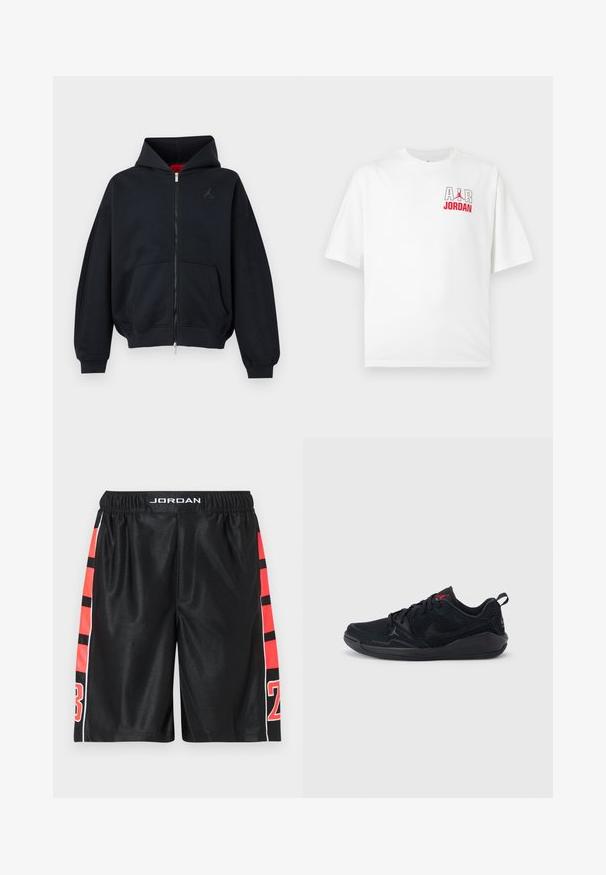 Sweat à capuche zippé noir avec poches avant, poignets et ourlet côtelés, avec un petit logo discret sur la poitrine gauche et une capuche avec doublure intérieure rouge.; T-shirt blanc à manches courtes avec "AIR" en grandes lettres et "JORDAN" en rouge en dessous sur la partie supérieure gauche de la poitrine, avec le logo Jumpman.; Shorts de sport noirs à texture lisse, avec des rayures rouges et des numéros sur les côtés. Taille élastique avec le logo "JORDAN" en haut.; Chaussures de sport noires en mesh et suède, avec un design texturé, un système de laçage et un logo accent rouge.