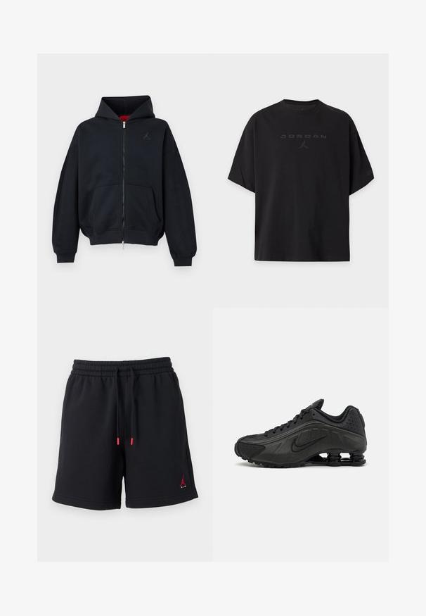 Sort lynlåshættetrøje med forlommer, ribkant ved ærmer og kant, med et lille diskret logo på venstre bryst og en hætte med rød indvendig foer.; Sort kortærmet Jordan T-shirt med en subtil sort præget logo og Jumpman-silhuet centreret på brystet.; Sorte atletikshorts med elastisk talje og snore med røde ender samt lille rød Air Jordan-logo nær kanten på venstre ben.; Sorte løbesko med en glat syntetisk overdel, perforerede detaljer, teksturerede sidedele og en distinkt fjedrende sål.