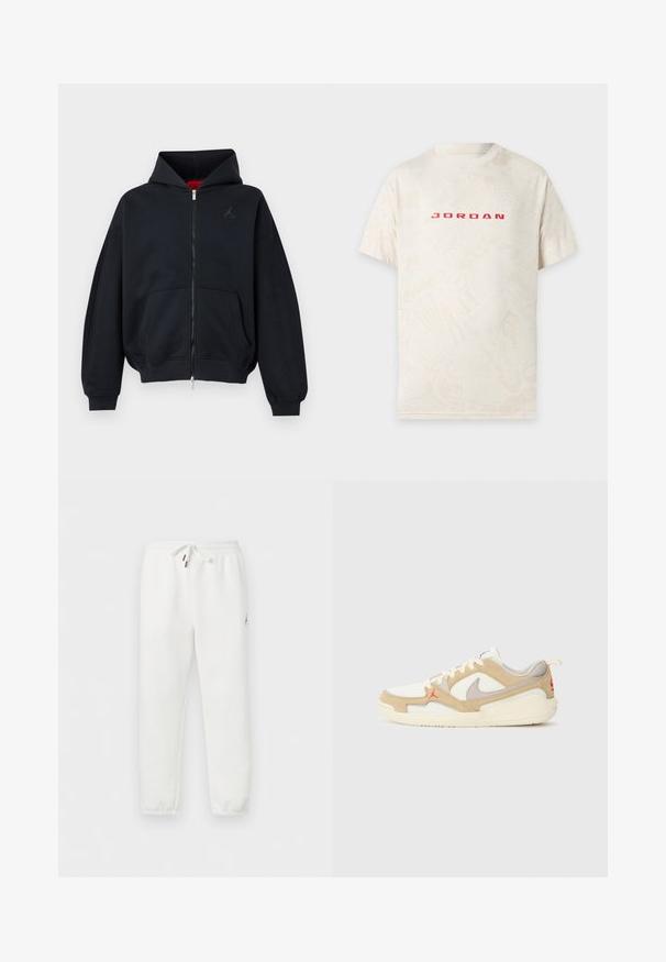 Sort lynlåshættetrøje med forlommer, ribkant ved ærmer og kant, med et lille diskret logo på venstre bryst og en hætte med rød indvendig foer.; Off-white t-shirt med korte ærmer med rød "JORDAN" tekst centreret på brystet og et subtilt abstrakt mønster over det hele.; Hvide joggers med elastisk talje og snøre, ankelmanchetter og lille Jordan-logo på venstre lår.; Hvide og beige sneakers med net- og ruskindspaneler, grå accenter, rødt logo og orange trækflap. Rund tå og polstret således design.