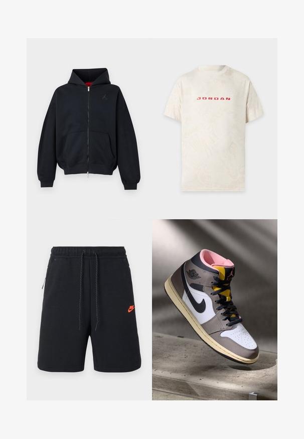 Schwarzer Zip-Hoodie mit Fronttaschen, gerippten Bündchen und Saum, mit einem kleinen, dezenten Logo auf der linken Brust und Kapuze mit rotem Innenfutter.; Off-white kurzärmeliges T-Shirt mit rotem "JORDAN" Text, mittig auf der Brust, und einem dezenten, abstrakten Allover-Muster.; Schwarze Nike-Shorts mit elastischem Bund, Kordelzug, Seitentaschen und kleinem orangefarbenem Nike-Logo am linken Oberschenkel.; Hohe Nike Air Jordan Sneaker in Weiß, Grau und Schwarz mit pinkem Innenfutter und gelber Zunge, auf einer Betontfläche platziert.