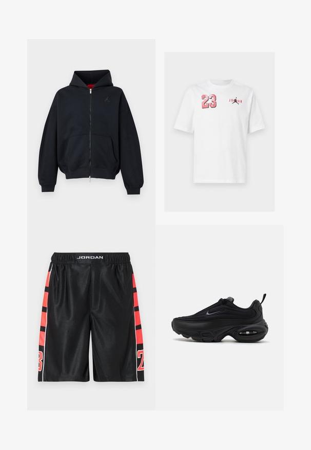 Sudadera negra con cremallera, bolsillos frontales, puños y bajo acanalados, con un pequeño logo sutil en el pecho izquierdo y capucha con forro interior rojo.; Camiseta blanca de manga corta con el número 23 en rojo en el pecho izquierdo y el logo negro de Jumpman con el texto rojo "Jordan" en el pecho derecho.; Pantalones cortos deportivos negros con una textura suave, con franjas y números rojos en los costados. Cintura elástica con el logo "JORDAN" en la parte superior.; Zapatilla deportiva negra con un upper suave y texturizado. Presenta una puntera redonda, un collar acolchado y una amortiguación de aire visible en la suela.