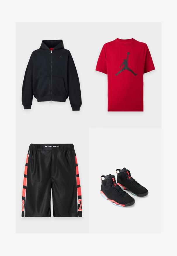 Sort lynlåshættetrøje med forlommer, ribkant ved ærmer og kant, med et lille diskret logo på venstre bryst og en hætte med rød indvendig foer.; Rød t-shirt med korte ærmer med sort silhuet af en basketballspiller, der hopper og holder en bold højt med den ene hånd.; Sorte atletikshorts med en glat tekstur, der har røde striber og tal på siderne. Elastisk taljebånd med "JORDAN"-logo øverst.; Sorte højtop-sneakers med røde detaljer, sorte snørebånd og gennemsigtige ydersåler, placeret side om side mod en hvid baggrund.