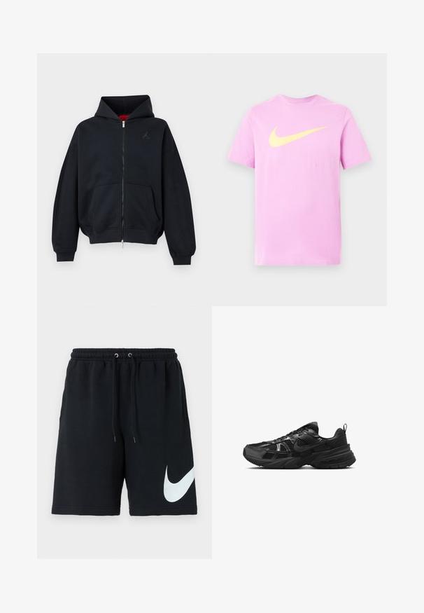 Sudadera negra con cremallera, bolsillos frontales, puños y bajo acanalados, con un pequeño logo sutil en el pecho izquierdo y capucha con forro interior rojo.; Camiseta de manga corta de color violeta claro con un gran logo amarillo de Nike en forma de swoosh centrado en el pecho.; Shorts de algodón negros con cinturilla elástica, cordón, bolsillos laterales y un gran logo blanco de Nike impreso en el lado izquierdo.; Zapatilla deportiva negra con parte superior de malla, suela de goma y acentos texturizados. Presenta un diseño de cordones y un logotipo distintivo en el lateral.
