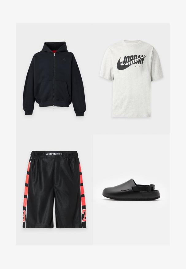 Sort lynlåshættetrøje med forlommer, ribkant ved ærmer og kant, med et lille diskret logo på venstre bryst og en hætte med rød indvendig foer.; Lysegrå kortærmet t-shirt med sort Nike swoosh og "JORDAN AIR" tekst på fronten.; Sorte atletikshorts med en glat tekstur, der har røde striber og tal på siderne. Elastisk taljebånd med "JORDAN"-logo øverst.; Sorte formede klipklapper med en glat overflade, rygstrop for stabilitet og en ribbet sål for greb. Fungerer med et lille logo på siden.