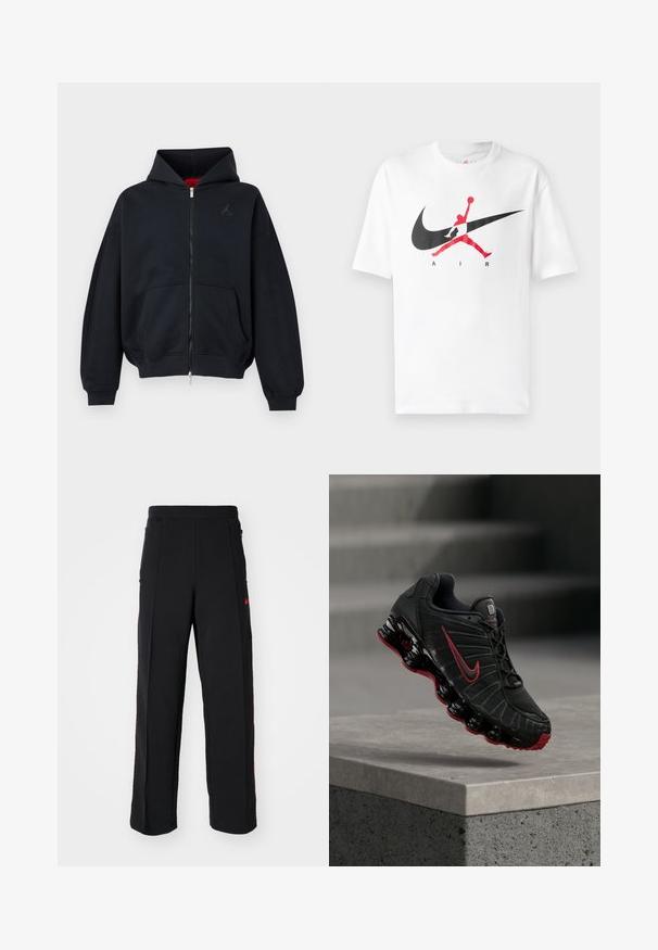 Čierna mikina na zips s prednými vreckami, rebrovanými manžetami a lemom, s malým nenápadným logom na ľavej strane hrudníka a kapucňou s červenou vnútornou podšívkou.; Biely bavlnený tričko s veľkým čiernym a červeným logom Nike Swoosh a siluetou basketbalistu. Krátke rukávy, okrúhly výstrih.; Čierne tepláky so voľným strihom, ktoré majú červené akcenty a vrecká po stranách. Materiál vyzerá mäkko a má hladkú textúru.; Čierno-červená športová obuv Nike s viditeľnou pružinovou podrážkou, balansujúca na okraji betónového schodu.
