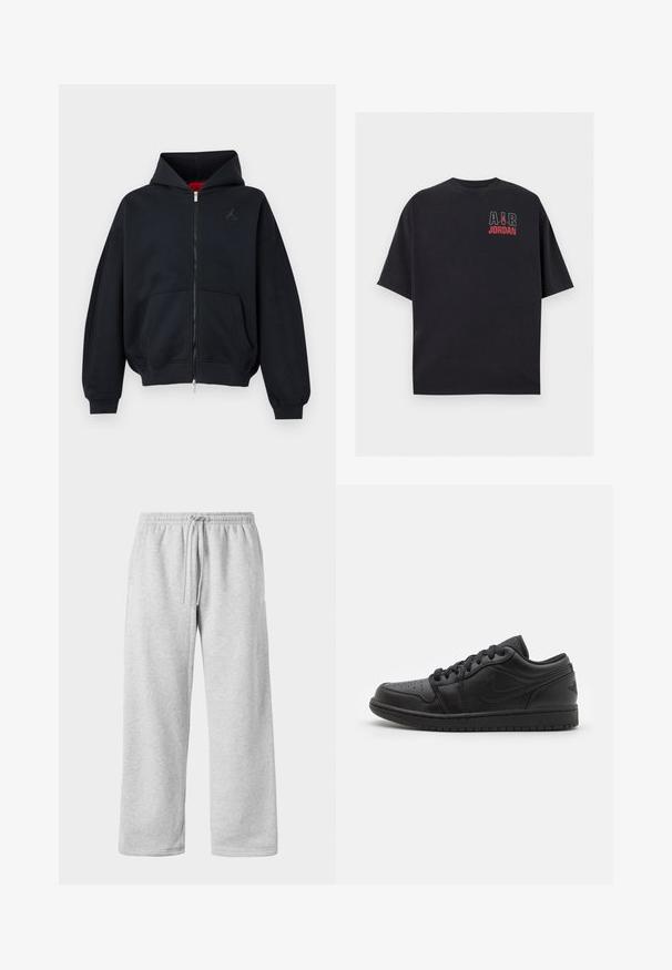 Casaco preto com fecho de correr, bolsos frontais, punhos e bainha canelados, com um pequeno logótipo subtil no peito esquerdo e capuz com forro interior vermelho.; T-shirt preta de manga curta com "AIR" em branco, logótipo Jumpman vermelho e texto "JORDAN" em vermelho no peito superior esquerdo.; Calças de treino cinza claro com cintura elástica, feitas de uma mistura suave de algodão, apresentando pernas largas e uma textura suave. Sem bolsos visíveis.; Sapatilhas pretas de couro de cano baixo com biqueira perfurada, atacadores planos, colarinho almofadado e sola texturizada. Apresentam um logótipo discreto no calcanhar.