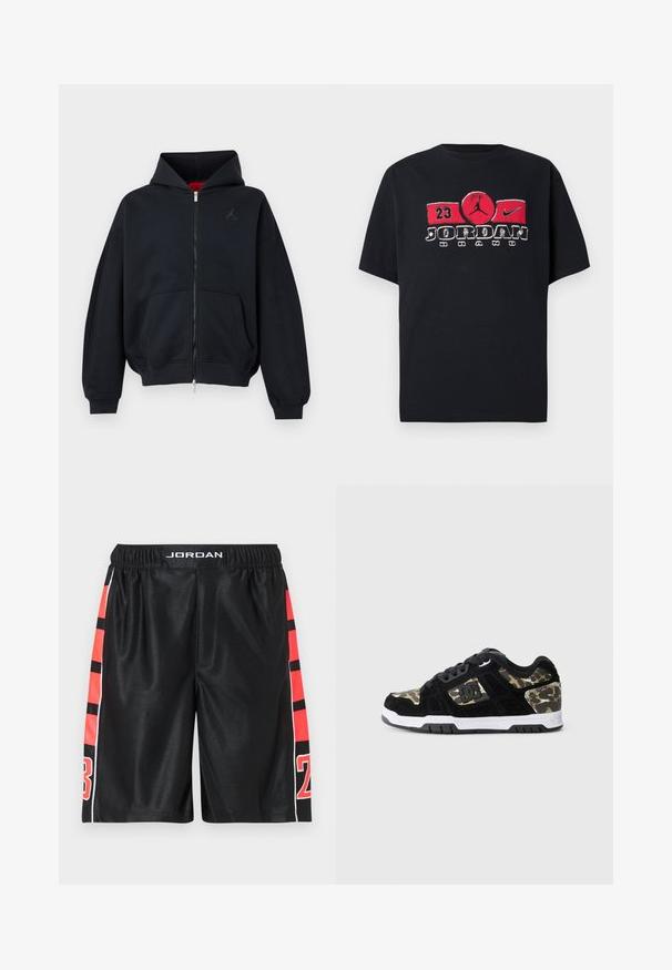 Sort lynlåshættetrøje med forlommer, ribkant ved ærmer og kant, med et lille diskret logo på venstre bryst og en hætte med rød indvendig foer.; Sort T-shirt med korte ærmer med et lille refleksivt firkantet logo med en silhuet af en person, der hopper, centreret på brystet.; Sorte atletikshorts med en glat tekstur, der har røde striber og tal på siderne. Elastisk taljebånd med "JORDAN"-logo øverst.; Sort ruskinds sneaker med camomønster på siden, hvid mellemsål og sort gummisål. Har snørebånd og logo-detalje på siden.