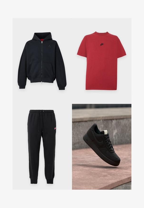 Sort lynlåshættetrøje med forlommer, ribkant ved ærmer og kant, med et lille diskret logo på venstre bryst og en hætte med rød indvendig foer.; Rød bomuld t-shirt med et sort Nike-logo på brystet, korte ærmer, rund halsudskæring og almindelig pasform. Glat tekstur.; Sorte svedbukser lavet af blødt stof med elastisk talje, justerbar snøre og et lille pink Nike-logo på venstre side.; Sort Nike Air Force 1 sneaker, der svæver over en lyserød betonforkant med en grå stenet baggrund, som viser sidde- og topdetaljer.