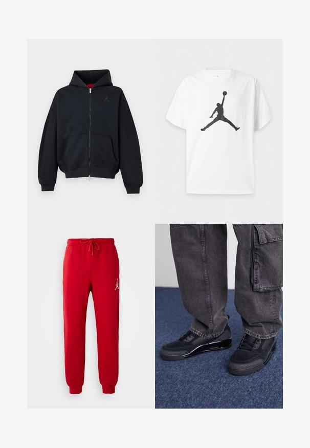 Zwarte zip-up hoodie met voorzakken, geribde manchetten en zoom, met een klein subtiel logo op de linkerborst en een capuchon met rode binnenvoering.; Wit T-shirt met korte mouwen met een zwarte silhouet van een basketballer die springt en een bal boven het hoofd vasthoudt in de lucht.; Rode katoenen sweatpants met een elastische tailleband en trekkoord. Heeft een wit Jordan-logo aan de linkerzijde. Tapered broekspijpen.; Zwarte sportieve schoenen met een gestructureerd oppervlak, gladde accenten en een chunky zool, gecombineerd met donkere, loszittende cargo pants.