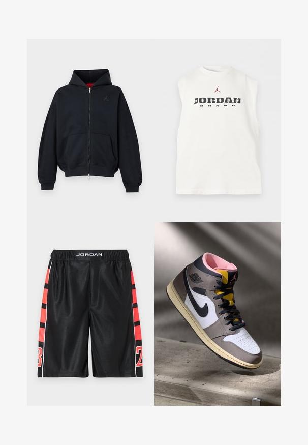 Sudadera negra con cremallera, bolsillos frontales, puños y bajo acanalados, con un pequeño logo sutil en el pecho izquierdo y capucha con forro interior rojo.; Camiseta blanca sin mangas con el texto "JORDAN BRAND" y un logo rojo de Jumpman encima del texto en la zona del pecho.; Pantalones cortos deportivos negros con una textura suave, con franjas y números rojos en los costados. Cintura elástica con el logo "JORDAN" en la parte superior.; Zapatilla alta Nike Air Jordan en blanco, gris y negro, con interior rosa y lengüeta amarilla, colocada sobre una superficie de concreto.