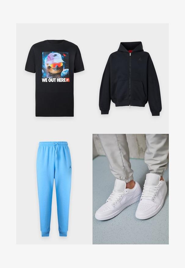Čierna mikina na zips s prednými vreckami, rebrovanými manžetami a lemom, s malým nenápadným logom na ľavej strane hrudníka a kapucňou s červenou vnútornou podšívkou.; Čierne bavlnené tričko s grafikou lenivca, ktorý má na sebe klobúk s širším okrajom a slnečné okuliare na pozadí vesmíru, s textom "SME TU".; Svetlomodré tepláky s elastickým pásom a šnúrkou, zúžené nohavice, ukončené manžetami na členkoch a malým tmavým logom na ľavom stehne.; Biele kožené tenisky majú perforovaný špičku, ploché šnúrky, polstrovaný golier a logo Jordana na jazyku. Nosia sa s šedými joggermi.
