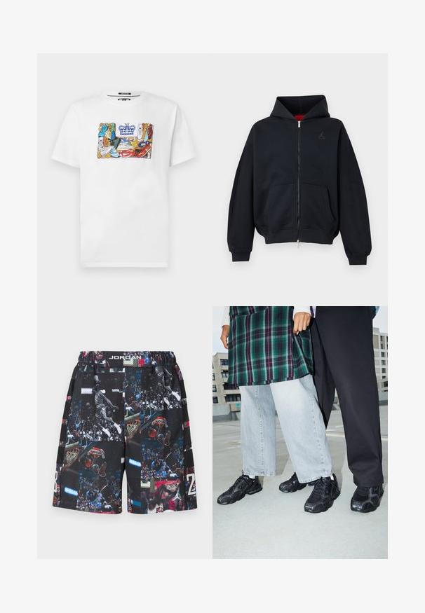 Sweat à capuche zippé noir avec poches avant, poignets et ourlet côtelés, avec un petit logo discret sur la poitrine gauche et une capuche avec doublure intérieure rouge.; T-shirt blanc avec un graphique de baskets colorées formant la forme d'un logo rectangulaire surmonté d'une couronne bleue.; Shorts de basketball noirs présentant un collage de photos d'action et de graphismes, confectionnés dans un matériau respirant avec une ceinture élastique.; Baskets de sport noires avec des accents en mesh et en caoutchouc. Portées avec un jean large gris clair et un haut à carreaux vert. Fond à surface plane.