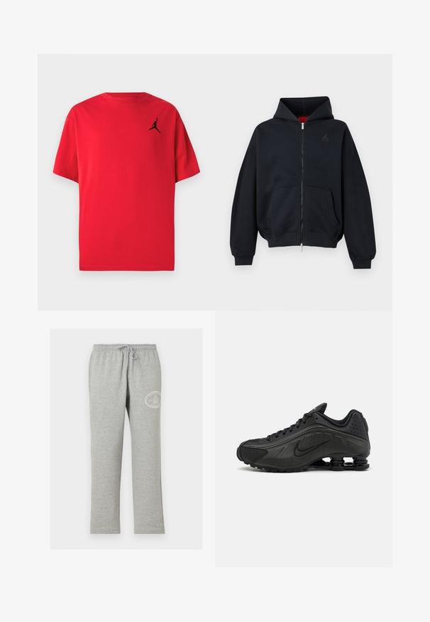Sort lynlåshættetrøje med forlommer, ribkant ved ærmer og kant, med et lille diskret logo på venstre bryst og en hætte med rød indvendig foer.; Rød t-shirt i bomuld med korte ærmer og en sort silhuetlogo på venstre bryst. Rund hals med afslappet pasform.; Grå joggingbukser med elastisk linning og snøre, med lille hvidt rundt logo på øverste venstre lår.; Sorte løbesko med en glat syntetisk overdel, perforerede detaljer, teksturerede sidedele og en distinkt fjedrende sål.
