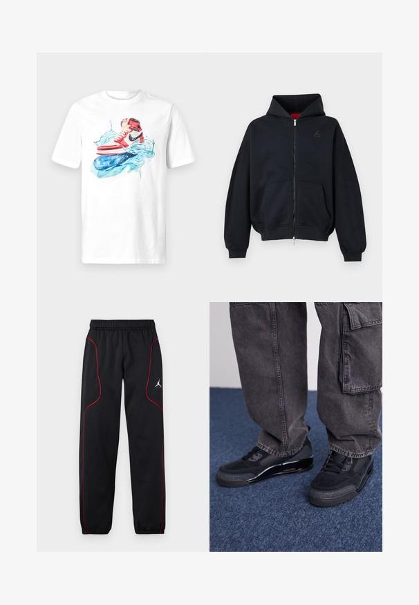 Zwarte zip-up hoodie met voorzakken, geribde manchetten en zoom, met een klein subtiel logo op de linkerborst en een capuchon met rode binnenvoering.; Witte t-shirt met een kleurrafische afbeelding van rode en zwarte sneakers boven gestileerde blauwe waterspatten. Ronde hals, korte mouwen, normale pasvorm.; Zwarte sportbroek met rode bies, elastische tailleband en manchetten, en een klein wit Jumpman-logo op de rechterdij.; Zwarte sportieve schoenen met een gestructureerd oppervlak, gladde accenten en een chunky zool, gecombineerd met donkere, loszittende cargo pants.