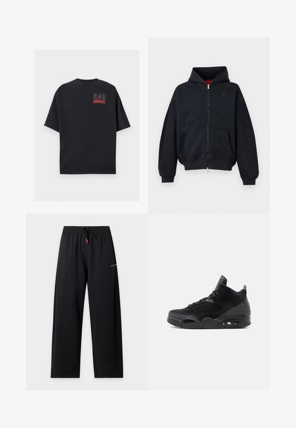 Sort lynlåshættetrøje med forlommer, ribkant ved ærmer og kant, med et lille diskret logo på venstre bryst og en hætte med rød indvendig foer.; Sort t-shirt med korte ærmer med "AIR" i hvid, rødt Jumpman-logo og "JORDAN" tekst i rødt på øverste venstre del af brystet.; Sorte vidde hverdagsbukser med elastisk talje og sort snor med røde ender, lille hvid tekst på øverste højre lår.; Sort høj top sneaker med snørelukning foran, mønstrede sidepaneler, synlig luftsål og polstret ankelkrave på hvid baggrund.