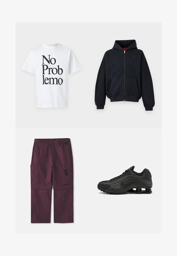 Sweat à capuche zippé noir avec poches avant, poignets et ourlet côtelés, avec un petit logo discret sur la poitrine gauche et une capuche avec doublure intérieure rouge.; T-shirt en coton blanc avec du texte noir disant "No Problemo" dans différentes tailles de police. Design classique à col rond avec des manches courtes.; Pantalons cargo convertibles bordeaux avec poche zippée sur le côté et logo Timberland sur la jambe droite, avec entrejambe allongé montré.; Baskets de course noires avec une tige en synthétique lisse, des accents perforés, des panneaux latéraux texturés et une semelle distincte et rebondissante.