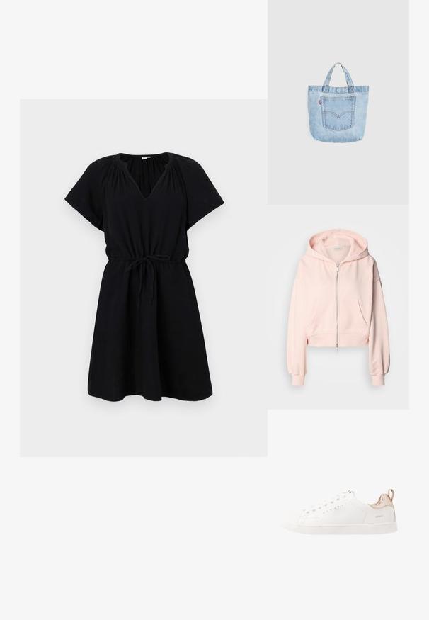 Haut de hoodie rose coupé en tissu doux, avec une fermeture éclair à l'avant, deux poches avant et une capuche avec cordon de serrage et manches froncées.; Robe noire à manches courtes, décolleté en V, taille élastique avec cordon de serrage, et jupe évasée fluide. Fabriquée en tissu léger.; Baskets blanches avec une tige en cuir lisse, bout rond et accents dorés au talon. Comprend six œillets et un onglet arrière texturé.; Sac fourre-tout en denim bleu clair avec doubles poignées et poche avant avec surpiqûres orange et une petite étiquette en tissu rouge.