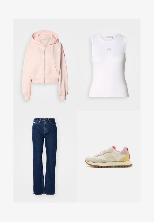 Haut de hoodie rose coupé en tissu doux, avec une fermeture éclair à l'avant, deux poches avant et une capuche avec cordon de serrage et manches froncées.; Débardeur blanc côtelé sans manches avec étiquette Calvin Klein Jeans sur la poitrine et étiquette intérieure au niveau du cou.; Jeans en denim bleu foncé avec jambes droites, fermeture à bouton et cinq poches. Le tissu a une légère texture avec des détails de couture subtils.; Baskets avec une tige en cuir crème, des accents en daim rose et un talon jaune, dotées d'une semelle en caoutchouc à motif et de lacets blancs.