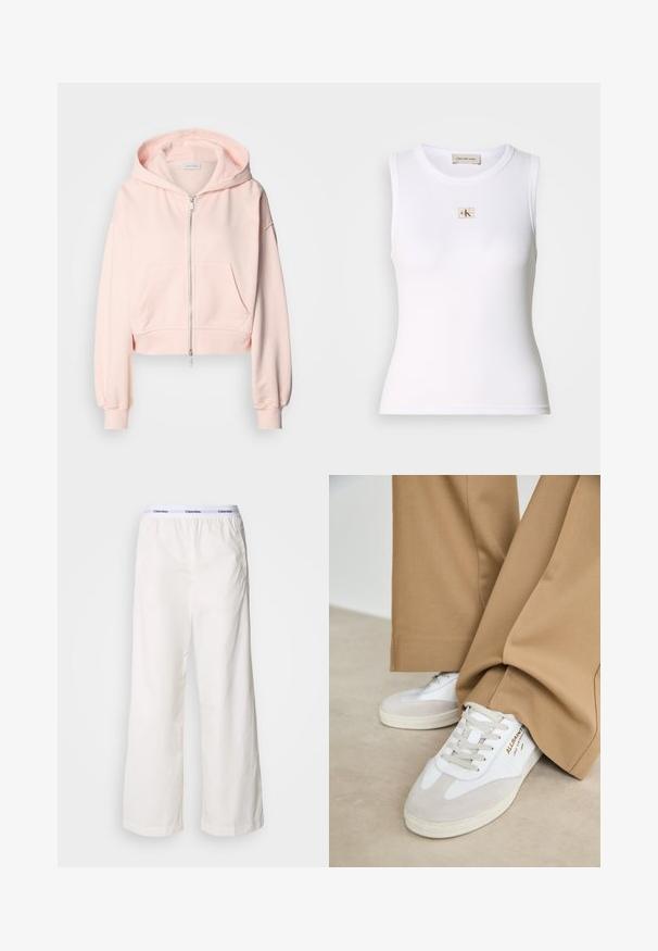 Geknipte roze hoodie van zachte stof, met een voorrits, twee voorzakken en een capuchon met trekkoorden en verzamelde mouwen.; Wit geribd mouwloos tanktop met Calvin Klein Jeans-label op de borst en binnenhalslabel.; Witte wijde broek met een elastische tailleband met een contrasterend Calvin Klein-logo. Gemaakt van gladde stof, bieden ze een ontspannen fit.; Witte sneakers met suède accenten, gestructureerde veters en een rubberen zool. Gecombineerd met losse beige broek. Logo zichtbaar aan de zijkant.
