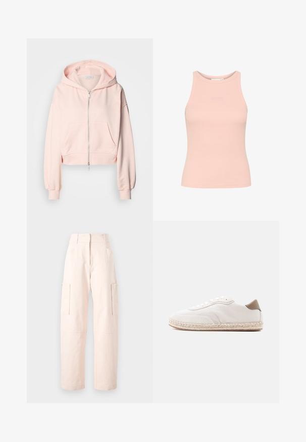 Geknipte roze hoodie van zachte stof, met een voorrits, twee voorzakken en een capuchon met trekkoorden en verzamelde mouwen.; Lichtroze geribbelde tanktop met een hoge halslijn, zonder mouwen en een subtiele reliëflogo op de borst. Glad, aansluitend materiaal.; Lichtroze cargobroeken van katoen, met een rechte snit, twee zijzakken en een tailleband met elastische details.; Witte sneaker met een bovenwerk van suède, beige accenten en een gevlochten juten zool. Voorzien van platte veters en een gebrandmerkt zijlogo.