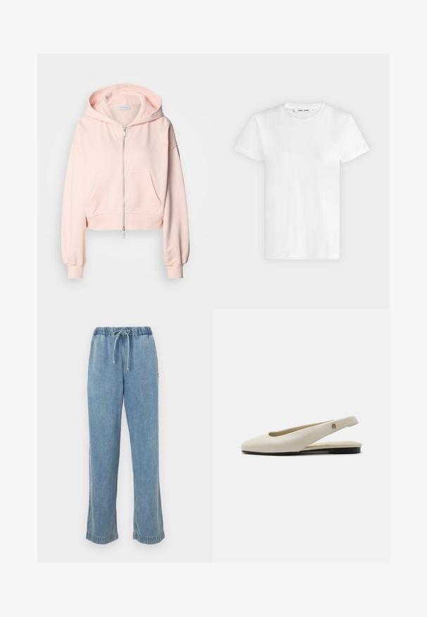 Gekürzter rosa Hoodie aus weichem Stoff, mit einem Frontreißverschluss, zwei Vordertaschen und einer Kapuze mit Kordelzug sowie gerafften Ärmeln.; Ein schlichtes weißes T-Shirt mit kurzen Ärmeln und Rundhalsausschnitt liegt flach auf einem hellgrauen Hintergrund, zeigt die Vorderseite mit einem Etikett im Halsausschnitt.; Helle blaue Jeans mit elastischem Bund, Kordelzug und aufgerollten Säumen. Gerades Bein mit lässiger Passform.; cremefarbiger Lederslingback-Flachschuh mit rundem Zehenbereich und kleinem goldfarbenem Emblem am Riemen.