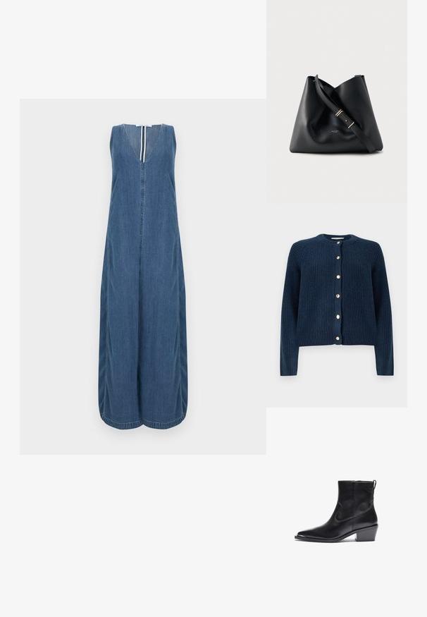 Cardigan bleu marine en tissu texturé, avec un col rond et des boutons dorés sur le devant. Manches longues.; Robe sans manches en denim avec un profond décolleté en V, longueur totale et fronces sur les côtés. Finitions soignées avec des bords nets et une patte de boutonnage centrale.; Botte de cheville en cuir noir avec un bout pointu et un petit talon carré. Présente une fermeture éclair latérale et des détails de couture minimaux pour un design épuré.; Sac à bandoulière en cuir noir avec sangle ajustable et petit logo doré sur le devant, présenté sur fond blanc.