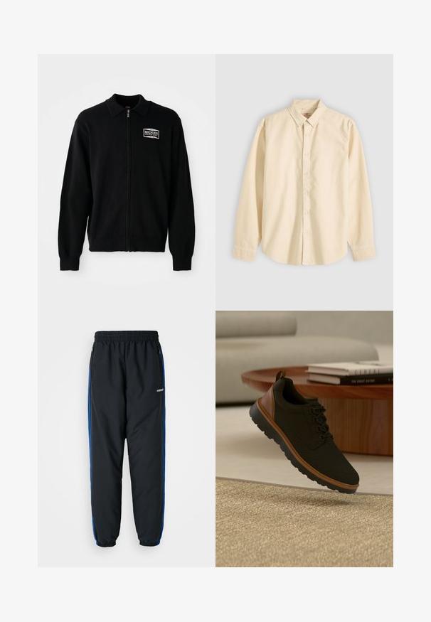 Dickies BOLIVAR - Φούτερ με φερμουάρ - black; Μπεζ πουκάμισο με μακριά μανίκια, κουμπωμένο μέχρι κάτω με γιακά, απλωμένο επίπεδα με κλειστά τα κουμπιά και τα μανίκια κουμπωμένα σε ανοιχτό φόντο.; Μαύρο αθλητικό παντελόνι με ελαστική μέση, μπλε πλευρικές ρίγες, τσέπες με φερμουάρ και στενές μανσέτες για άνετη εφαρμογή. Φτιαγμένο από ελαφρύ υλικό.; Μαύρο και καφέ αθλητικό παπούτσι με υφή στη σόλα, αιωρούμενο πάνω από μπεζ χαλί σε σαλόνι με ξύλινο τραπεζάκι καφέ και στοιβαγμένα βιβλία.