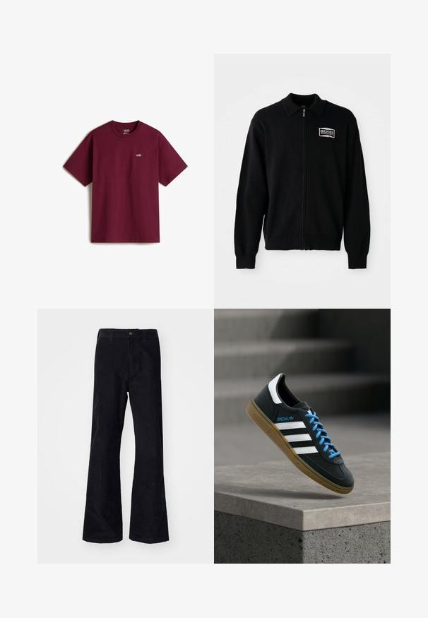 Dickies BOLIVAR - Sudadera con cremallera - black; Camiseta de algodón marrón con mangas cortas, escote redondo y pequeño logo blanco de Vans en el pecho izquierdo. Textura suave, corte holgado.; Pantalones de algodón negros acampanados con una cinturilla tradicional, un solo botón frontal y bolsillos a los lados y en la parte posterior. Textura suave.; Zapatilla negra Adidas con franjas blancas, cordones azules y suela de goma flotando sobre un escalón de hormigón gris con luz suave.