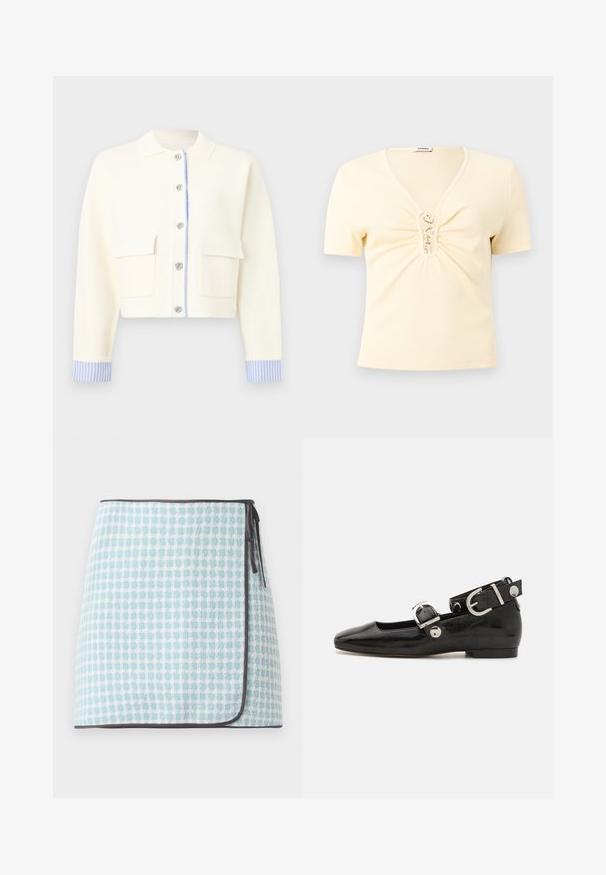 Flødefarvet cropped cardigan med blåstribede manchetter, sølvblomstrede knapper foran, to klaplommer og en klassisk krave.; Kremfarvet kortærmet ribstrikket top med V-hals og guldfarvede hægter på en rynket frontdetalje.; Wrap nederdel i lyseblå og hvid ternet mønster, med en blød tekstur og kontrasterende mørk kant. Bånd på siden til lukning.; Sorte patenteret lædersko med firkantet tå, ankelrem med sølvhardware og flad sål. Glat tekstur med minimalistisk design.