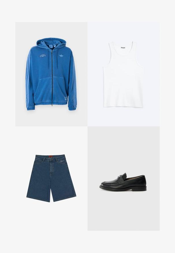 Blå hættetrøje med fuld lynlås, snore, forlommer, tre lyseblå striber på ærmerne og Adidas-logo på brystet og mærkerne.; Hvid ærmeløs tanktop med rund halsudskæring og Weekday-mærke på den indvendige baghals, vist fladt på lys baggrund.; Mørkeblå denimshorts med mid-rise talje, trykknaplukning, forlommer og broderet logo på venstre side.; Sorte læder loafers med en glat finish, der har et tekstureret øverste bånd, lav hæl og minimale syninger.
