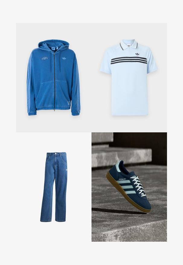 Blauer Kapuzenpullover mit durchgehendem Reißverschluss, Kordelzügen, Fronttaschen, drei hellblauen Streifen an den Ärmeln und Adidas-Logo auf der Brust und den Etiketten.; Hellblaues Polohemd aus strukturiertem Stoff mit schwarzen Akzentstreifen und einem schwarzen Logo auf der Brust. Verfügt über einen Kragen.; Blaue hohe, weite Jeans mit Fronttaschen, Gürtelschlaufen, Knopfverschluss und kleinem Adidas-Logo am rechten Oberschenkel.; Blauer Adidas Spezial Sneaker mit weißen Streifen und Schnürsenkeln, Gummisohle, schwebend über rauer Betonoberfläche und Treppen im Hintergrund.