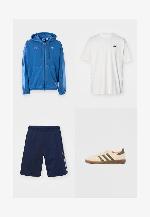 Blå hættetrøje med fuld lynlås, snore, forlommer, tre lyseblå striber på ærmerne og Adidas-logo på brystet og mærkerne.; Hvid bomulds t-shirt med korte ærmer, rund hals og et lille sort Adidas-logo på venstre bryst. Blød tekstur, afslappet pasform.; Marineblå atletikshorts lavet af et let materiale, med en elastisk talje og tre hvide striber på siderne. Adidas-logoet er vist.; Beige Adidas Spezial sneaker med lav profil, grønne striber, gummisål og "SPEZIAL"-branding på siden, vist fra ydersiden.