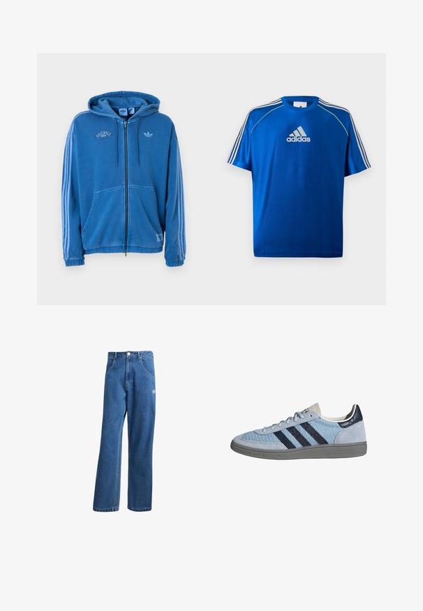 Blauer Kapuzenpullover mit durchgehendem Reißverschluss, Kordelzügen, Fronttaschen, drei hellblauen Streifen an den Ärmeln und Adidas-Logo auf der Brust und den Etiketten.; Blaues Adidas Sport-T-Shirt mit weißem Logo auf der Brust, weißen Streifen auf den Schultern und neon-gelber Paspelierung an den Schulternähten.; Blaue hohe, weite Jeans mit Fronttaschen, Gürtelschlaufen, Knopfverschluss und kleinem Adidas-Logo am rechten Oberschenkel.; Hellblauer Adidas-Sneaker mit dunkelblauen Streifen, Wildleder an Zehen- und Fersenbereich, strukturierte Sohle und Schnürverschluss, Seitenansicht auf weißem Hintergrund.
