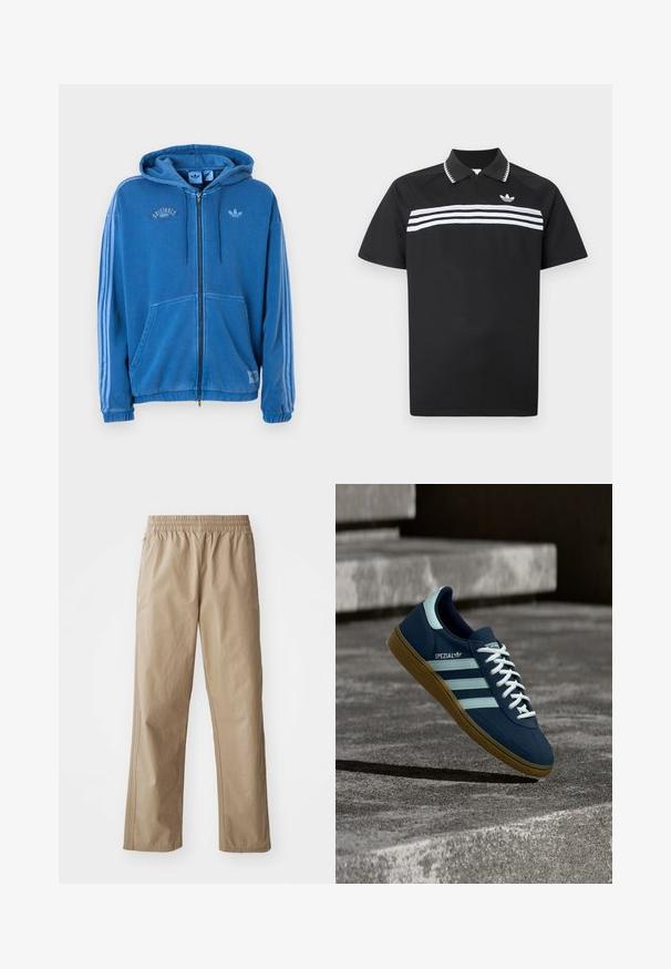 Modrá mikina s kapucňou na zips, sťahovacie šnúrky, predné vrecká, tri svetlomodré pruhy na rukávoch a logo Adidas na hrudníku a štítkoch.; Čierne polokošeľa so zipsovým golierom, s tromi bielymi horizontálnymi pruhmi cez hruď a malým logom na ľavej hornej strane.; Béžové ľahké nohavice s elastickým pásom, rovnými nohavicami a bočnými vreckami. Hladká textúra s jemnými švami.; Modré tenisky Adidas Spezial s bielymi pruhmi a šnúrkami, gumovou podrážkou, plávajúce nad drsným betónovým povrchom a schodmi v pozadí.