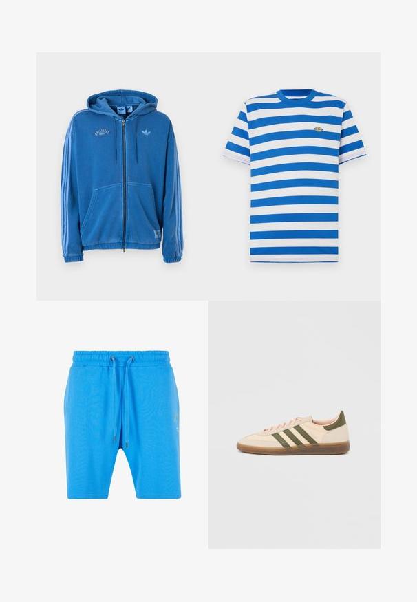 Sudadera con capucha azul de cremallera completa con cordones, bolsillos delanteros, tres franjas azul claro en las mangas y logotipo de Adidas en el pecho y etiquetas.; Camiseta de manga corta con rayas horizontales azules y blancas, cuello redondo, tejido de algodón suave y un pequeño logo bordado en el pecho.; Pantalones cortos de algodón azul con una cinturilla elástica, cierre de cordón y un sutil detalle gráfico en el lado. Textura suave y corte holgado.; Zapatilla Adidas Spezial beige de perfil bajo con rayas verdes, suela de goma y la marca "SPEZIAL" en el lateral, vista desde el lado exterior.